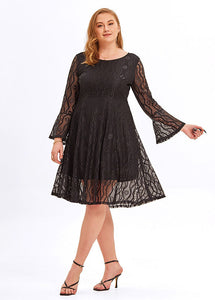 Fashion Black V Neck Patchwork Lace A Line Mid Dresses Flare Sleeve