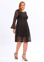 Load image into Gallery viewer, Fashion Black V Neck Patchwork Lace A Line Mid Dresses Flare Sleeve