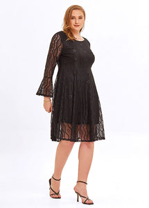 Fashion Black V Neck Patchwork Lace A Line Mid Dresses Flare Sleeve