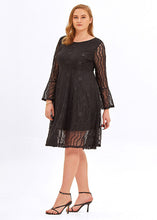 Load image into Gallery viewer, Fashion Black V Neck Patchwork Lace A Line Mid Dresses Flare Sleeve