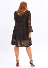 Load image into Gallery viewer, Fashion Black V Neck Patchwork Lace A Line Mid Dresses Flare Sleeve