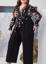 Load image into Gallery viewer, Fashion Black V Neck Print Patchwork Tie Waist Chiffon Jumpsuit Fall