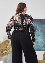 Load image into Gallery viewer, Fashion Black V Neck Print Patchwork Tie Waist Chiffon Jumpsuit Fall