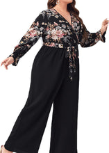 Load image into Gallery viewer, Fashion Black V Neck Print Patchwork Tie Waist Chiffon Jumpsuit Fall