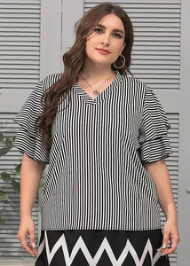 Fashion Black V Neck Striped Patchwork Chiffon T Shirt Butterfly Sleeve