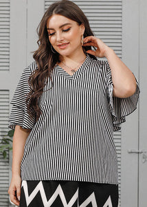 Fashion Black V Neck Striped Patchwork Chiffon T Shirt Butterfly Sleeve