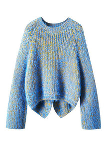 Fashion Blue O-Neck Cozy Low High Design Knit Sweaters Fall