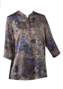 Fashion Blue Patchwork Print Button Silk Blouse Tops Summer