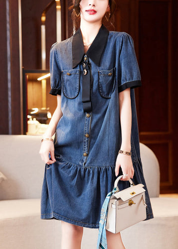 Fashion Blue Peter Pan Collar Patchwork Ruffles Denim Dresses Summer