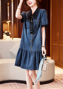 Fashion Blue Peter Pan Collar Patchwork Ruffles Denim Dresses Summer