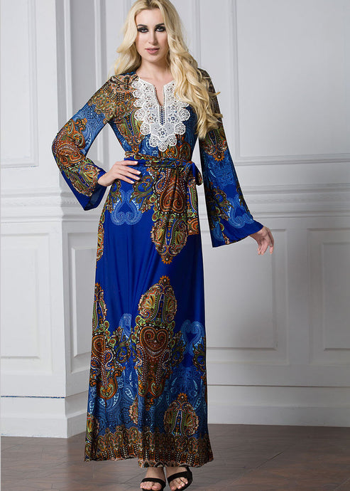 Fashion Blue Print Lace Patchwork Tie Waist Ice Size Maxi Dresses Flare Sleeve