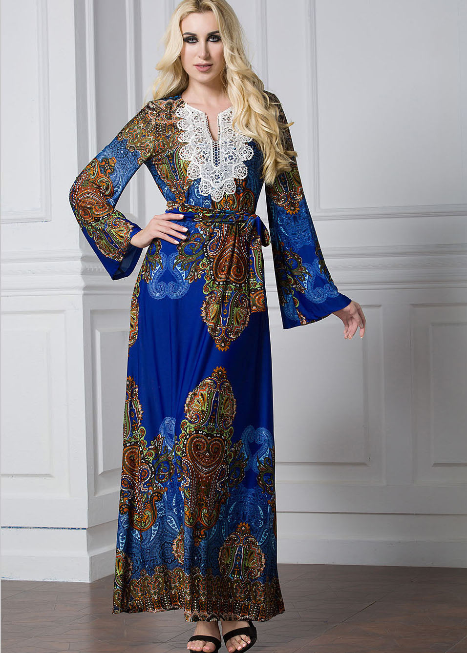 Fashion Blue Print Lace Patchwork Tie Waist Ice Size Maxi Dresses Flare Sleeve