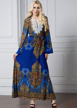 Load image into Gallery viewer, Fashion Blue Print Lace Patchwork Tie Waist Ice Size Maxi Dresses Flare Sleeve