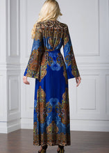 Load image into Gallery viewer, Fashion Blue Print Lace Patchwork Tie Waist Ice Size Maxi Dresses Flare Sleeve