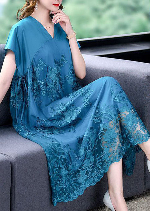 Fashion Blue V Neck Patchwork Tulle Silk Dresses Summer