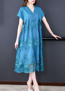 Fashion Blue V Neck Patchwork Tulle Silk Dresses Summer