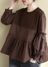 Load image into Gallery viewer, Fashion Chocolate O-Neck Patchwork Wrinkled Cotton Top Long Sleeve