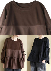 Fashion Chocolate O-Neck Patchwork Wrinkled Cotton Top Long Sleeve