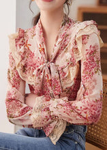 Load image into Gallery viewer, Fashion Floral Print Bow Lace Patchwork Chiffon Shirt Tops Spring