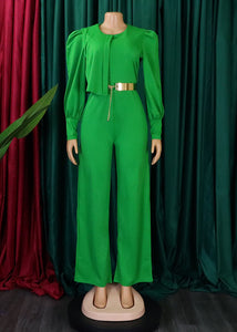 Fashion Green O-Neck Asymmetrical Patchwork Wide Leg Jumpsuits Long Sleeve