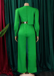 Fashion Green O-Neck Asymmetrical Patchwork Wide Leg Jumpsuits Long Sleeve