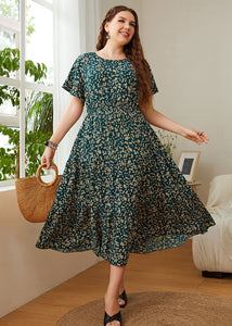 Fashion Green Print Wrinkled Patchwork Chiffon Long Dresses Summer