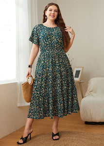 Fashion Green Print Wrinkled Patchwork Chiffon Long Dresses Summer