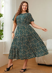 Fashion Green Print Wrinkled Patchwork Chiffon Long Dresses Summer