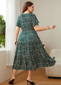 Fashion Green Print Wrinkled Patchwork Chiffon Long Dresses Summer