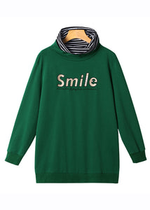 Fashion Green Turtleneck Striped Patchwork Sweatshirts Fall