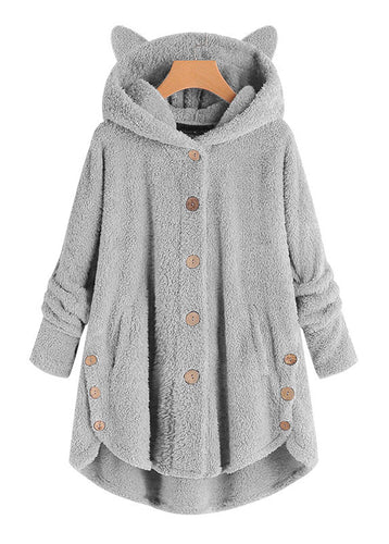 Fashion Grey Hooded Button Patchwork Teddy Faux Fur Coat Long Sleeve