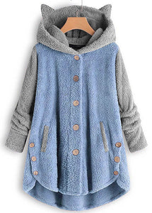 Fashion Grey Hooded Button Patchwork Teddy Faux Fur Coat Long Sleeve