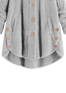 Fashion Grey Hooded Button Patchwork Teddy Faux Fur Coat Long Sleeve