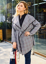 Load image into Gallery viewer, Fashion Grey Peter Pan Collar Plaid Tie Waist Long Trench Coats Long Sleeve