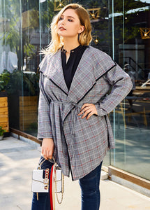 Fashion Grey Peter Pan Collar Plaid Tie Waist Long Trench Coats Long Sleeve