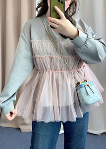 Fashion Grey Ruffled Tulle Patchwork False Two Pieces Cotton Top Fall