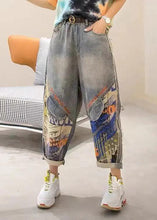 Load image into Gallery viewer, Fashion Light Blue Print Patchwork Sashes High Waist Crop Jeans Summer