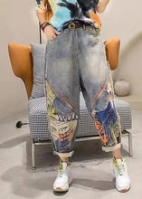 Load image into Gallery viewer, Fashion Light Blue Print Patchwork Sashes High Waist Crop Jeans Summer