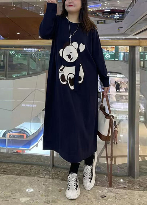 Fashion Navy Oversized Cute Bear Cotton Sweatshirt Dress Fall