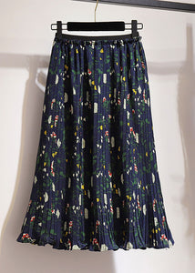 Fashion Navy Print High Waist Patchwork Chiffon Pleated Skirt Summer