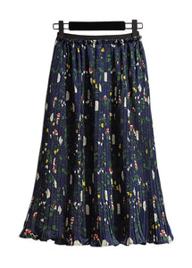 Fashion Navy Print High Waist Patchwork Chiffon Pleated Skirt Summer