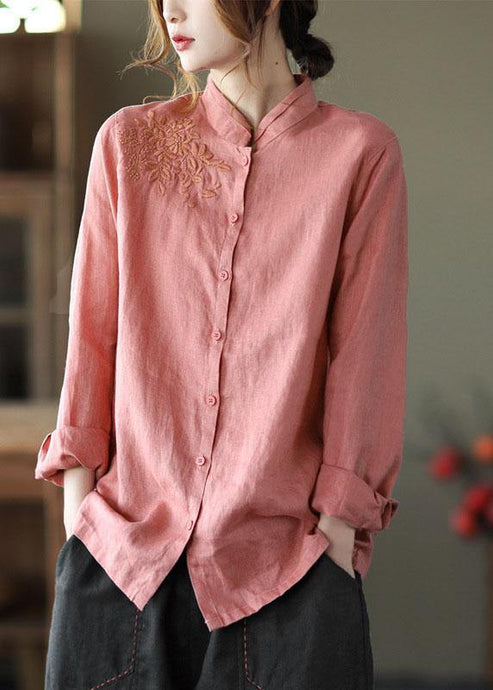 Fashion Pink Button Embroideried Fall Linen Tops Long Sleeve