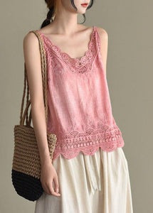 Fashion Pink Embroideried Lace Hollow Out Summer Cotton Vest Sleeveless