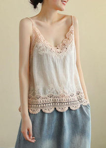 Fashion Pink Embroideried Lace Hollow Out Summer Cotton Vest Sleeveless