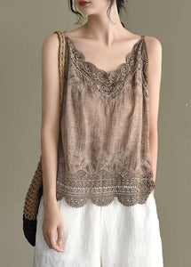 Fashion Pink Embroideried Lace Hollow Out Summer Cotton Vest Sleeveless