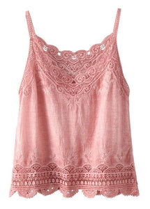 Fashion Pink Embroideried Lace Hollow Out Summer Cotton Vest Sleeveless