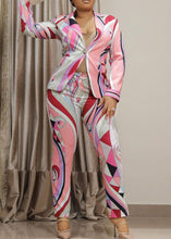 Load image into Gallery viewer, Fashion Pink Notched Print Spandex Coat And Pants Two Piece Set Fall