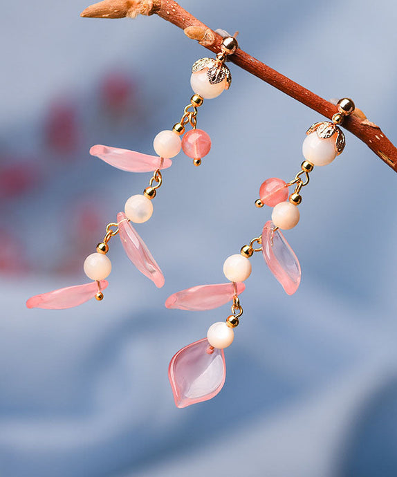 Fashion Pink Petal Crystal 14K Gold Drop Earrings