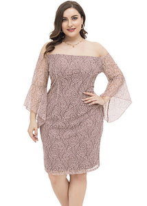 Fashion Pink Slash Neck Lace Mid Dress Short Sleeve