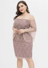 Load image into Gallery viewer, Fashion Pink Slash Neck Lace Mid Dress Short Sleeve
